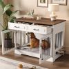 43.3" Farmhouse Dog Crate Furniture, Wooden Dog Kennel with 2 Storage Drawers and Rotating Food Bowls, Secure Metal Bar Crate for Lage & Medium Dogs
